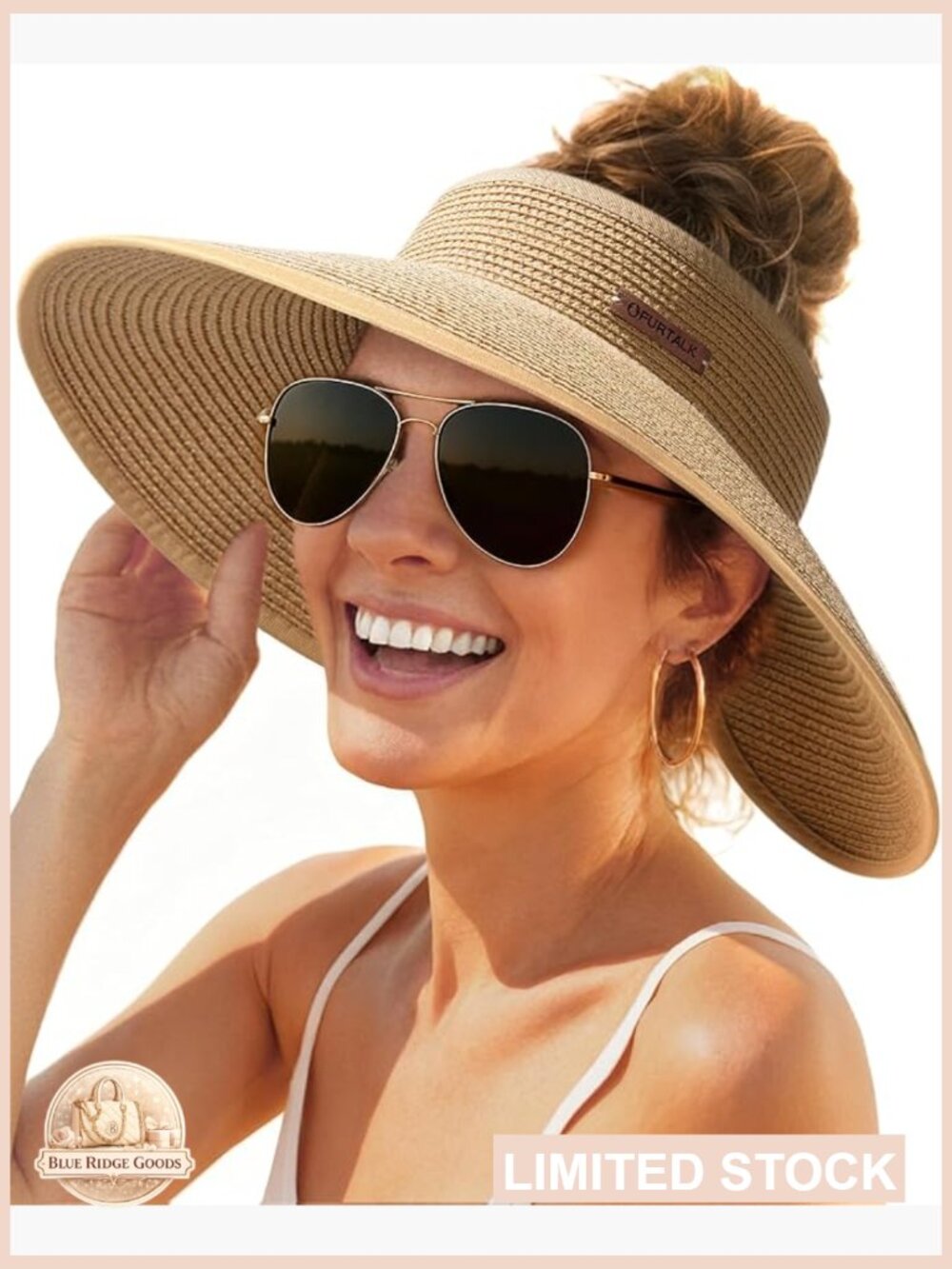 Wide Brim Straw Sun Hat with Ponytail Opening UV Protection Foldable Beach